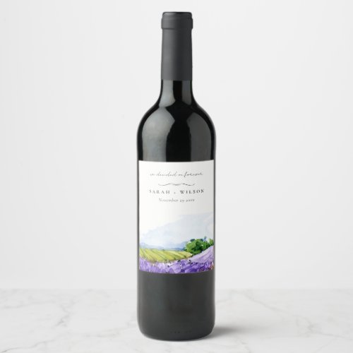 Rustic Elegant Watercolor Lavender Fields Wedding Wine Label