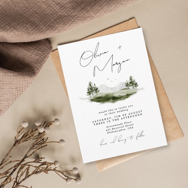 Rustic Elegant Watercolor Mountain Forest Wedding Invitation (Creator Uploaded)