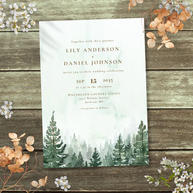 Rustic Elegant Watercolor Pine Tree Forest Wedding Invitation | Zazzle