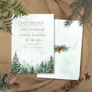 Rustic Elegant Watercolor Pine Tree Forest Wedding Save The Date