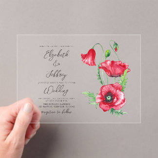 Rustic Elegant Watercolor Script Red Poppy Wedding Acrylic Invitations