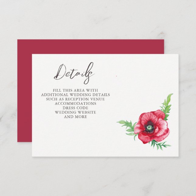 Rustic Elegant Watercolor Script Red Poppy Wedding Enclosure Card (Front/Back)