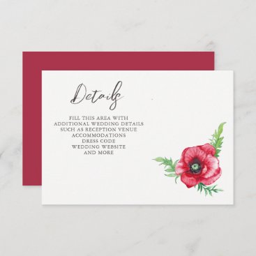 Rustic Elegant Watercolor Script Red Poppy Wedding Enclosure Card