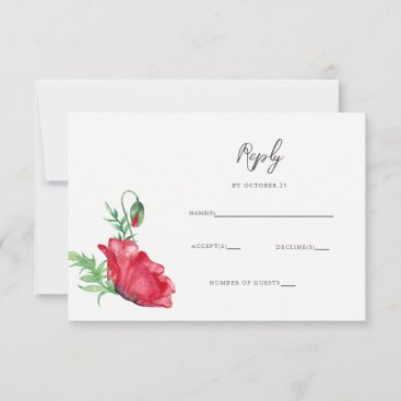 Rustic Elegant Watercolor Script Red Poppy Wedding RSVP Card
