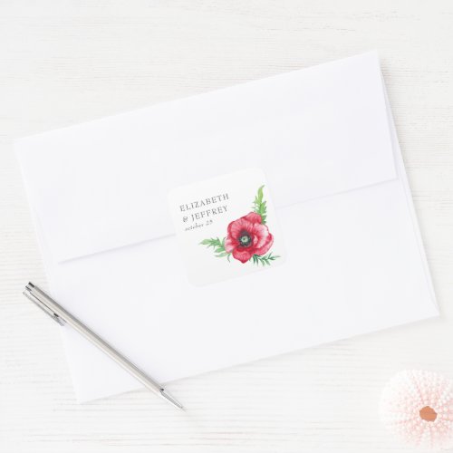 Rustic Elegant Watercolor Script Red Poppy Wedding Square Sticker