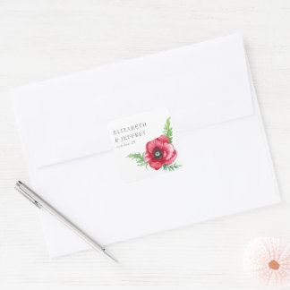 Rustic Elegant Watercolor Script Red Poppy Wedding Square Sticker