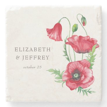Rustic Elegant Watercolor Script Red Poppy Wedding Stone Coaster