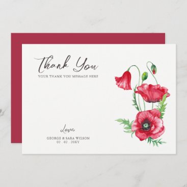 Rustic Elegant Watercolor Script Red Poppy Wedding Thank You Card