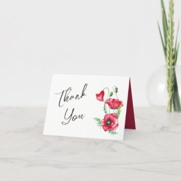 Rustic Elegant Watercolor Script Red Poppy Wedding Thank You Card