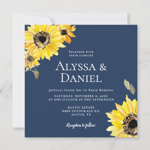 Rustic Elegant Watercolor Sunflowers floral Blue Invitation
