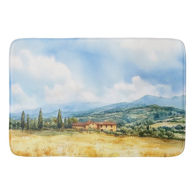 Rustic Elegant Watercolor Tuscan Mediterranean  Bath Mat (Front)
