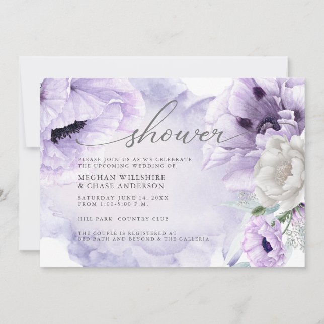  Rustic Elegant Watercolor Violet Floral  Poppies Invitation (Front)