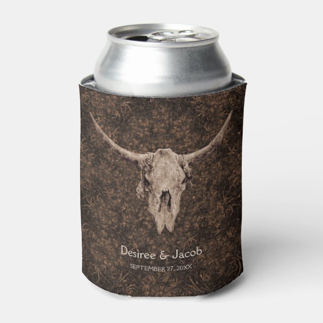 Rustic Elegant Wedding Brown Western Bull Skull Can Cooler (Can Front)