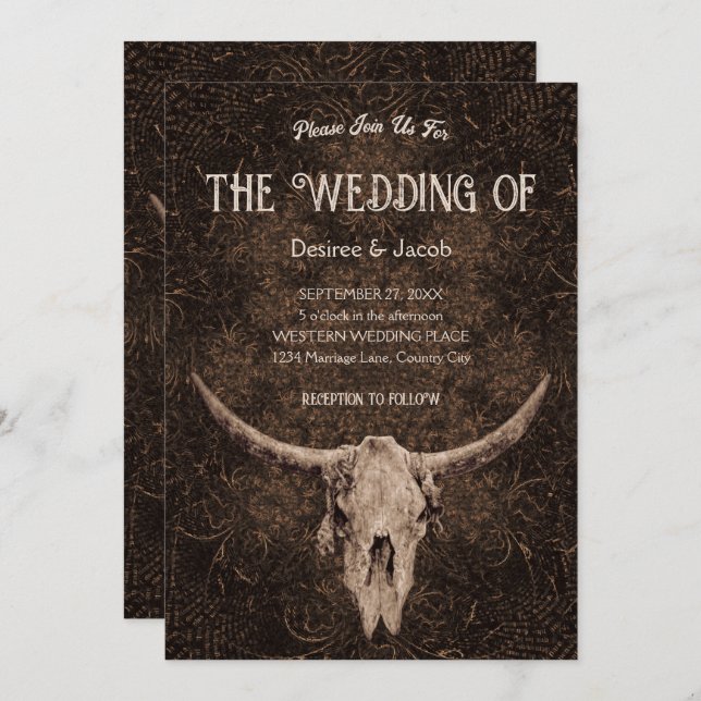 Rustic Elegant Wedding Brown Western Bull Skull Invitation (Front/Back)