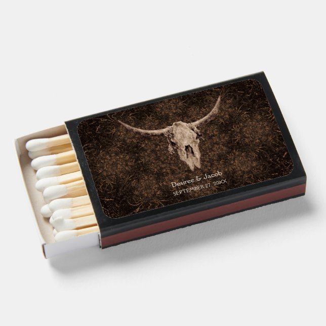 Rustic Elegant Wedding Brown Western Bull Skull Matchboxes (Front Open)