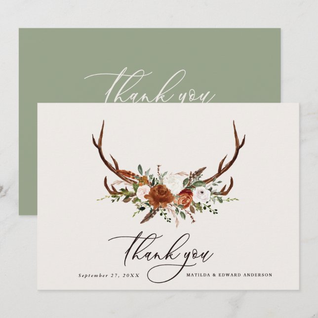 Rustic elegant wedding thank you rust sage green (Front/Back)