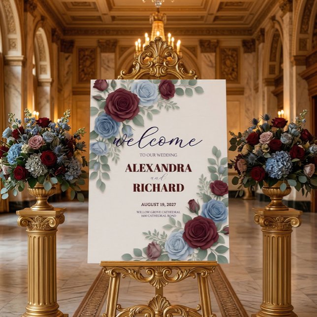 Rustic Elegant Welcome Burgundy Rose Wedding Sign (Creator Uploaded)