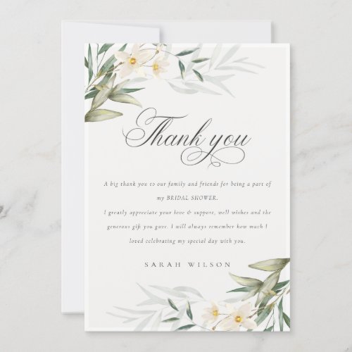 Rustic Elegant White Greenery Floral Bridal Shower Thank You Card