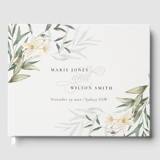 Rustic Elegant White Greenery Floral Wedding Guest Book (Front)