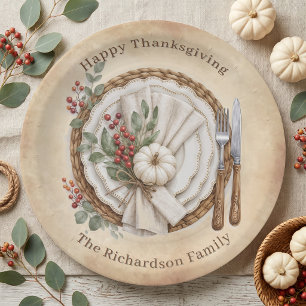 Rustic Elegant White Pumpkin Berries Thanksgiving Paper Plates