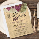 Rustic Elegant Wine 80th Birthday Cheers to 80 Invitation<br><div class="desc">This uniquely designed 80th Birthday Cheers to 80 Years Vintage Rustic Wine Country Themed invitation features an original rustic vineyard watercolor painting not available on other stock or graphics sites. The parchment, cork-styled background gives it the perfect vintage wine country look and feel... perfect for your special celebration! All text...</div>