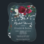 Rustic elegant winter floral chic bridal shower invitation<br><div class="desc">Winter rustic bridal shower party stylish invitation template on a dark navy blue chalkboard featuring a beautiful red wine burgundy and white peony roses bouquet with hunter green seasonal foliage, strings of white twinkle lights, and a trendy calligraphy script. Easy to personalize with your details! The invitation is suitable for...</div>