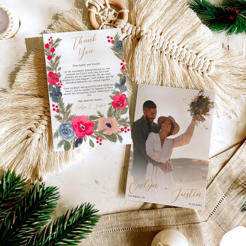 Rustic Elegant Winter Floral photo chic Wedding Thank You Card