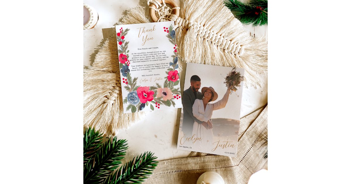 Rustic Elegant Winter Floral photo chic Wedding Thank You Card | Zazzle