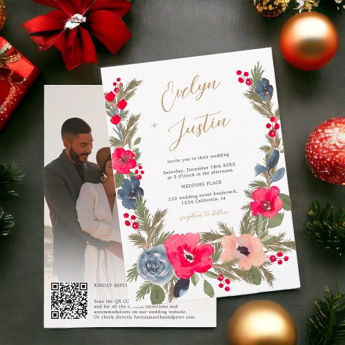 Rustic Elegant Winter Floral photo Qr code Wedding Invitation