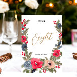 Rustic Elegant Winter Floral red green  Table Number<br><div class="desc">Infuse a touch of winter's enchantment into your wedding tables using our Rustic Elegant Winter Floral Table Number Card. This exquisite design captures the essence of the season, showcasing a hand-painted watercolor frame adorned with a graceful blend of red flowers, soothing dusty blue hues, and verdant green pine branches. It...</div>