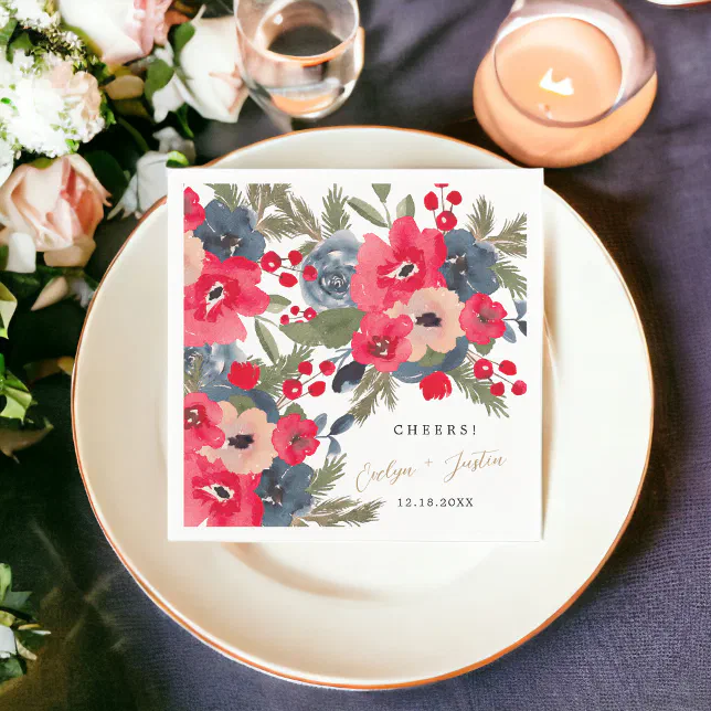 Rustic Elegant Winter Floral watercolor red green Napkins | Zazzle
