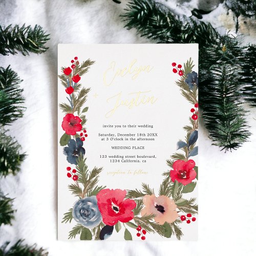 Rustic Elegant Winter Floral Watercolor Wedding Foil Invitation