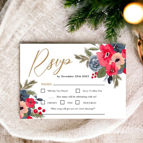 Rustic Elegant Winter Floral Watercolor Wedding RSVP Card