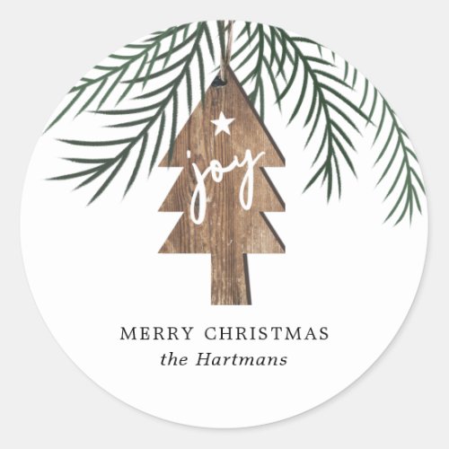 Rustic Elegant Wood Tree Joy Ornament Christmas  Classic Round Sticker