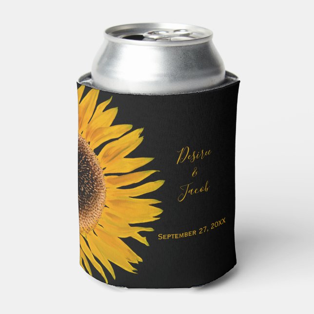 Rustic Elegant Yellow Black Sunflower Wedding Can Cooler (Can Front)