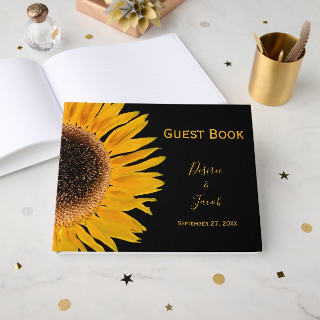 Rustic Elegant Yellow Black Sunflower Wedding Guest Book (Front Open)