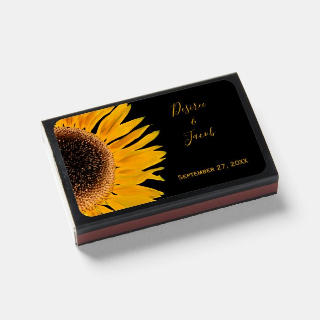 Rustic Elegant Yellow Black Sunflower Wedding Matchboxes (Front Closed)