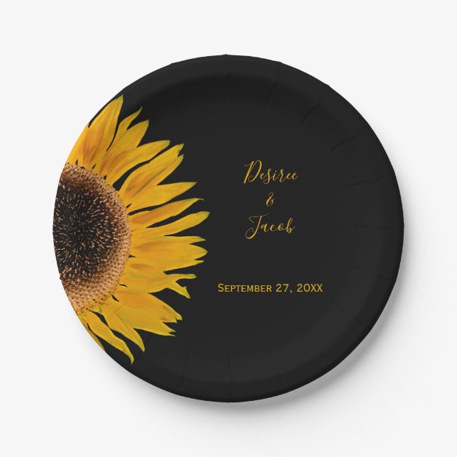 Rustic Elegant Yellow Black Sunflower Wedding Paper Plates (Front)