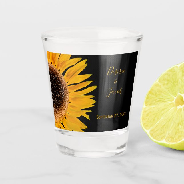 Rustic Elegant Yellow Black Sunflower Wedding Shot Glass (Front)