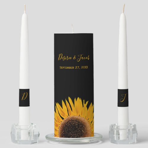 Rustic Elegant Yellow Black Sunflower Wedding Unity Candle Set