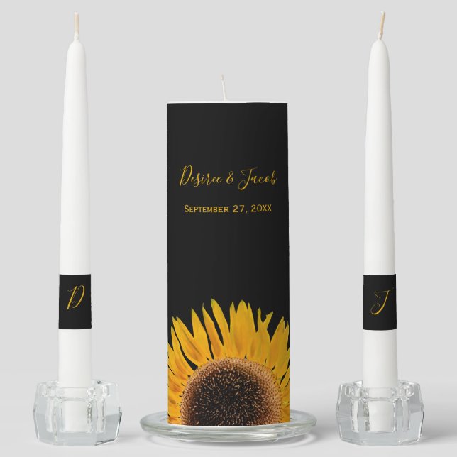 Rustic Elegant Yellow Black Sunflower Wedding Unity Candle Set (Front)