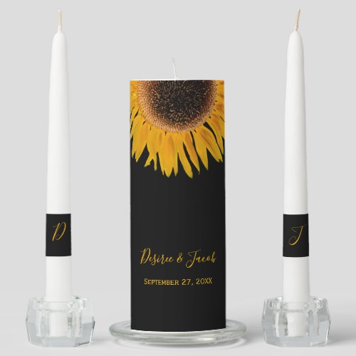 Rustic Elegant Yellow Black Sunflower Wedding Unity Candle Set