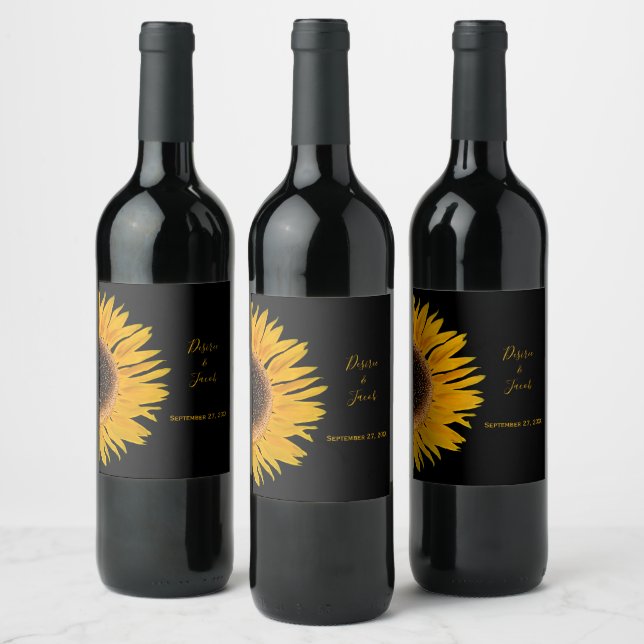 Rustic Elegant Yellow Black Sunflower Wedding Wine Label (Bottles)