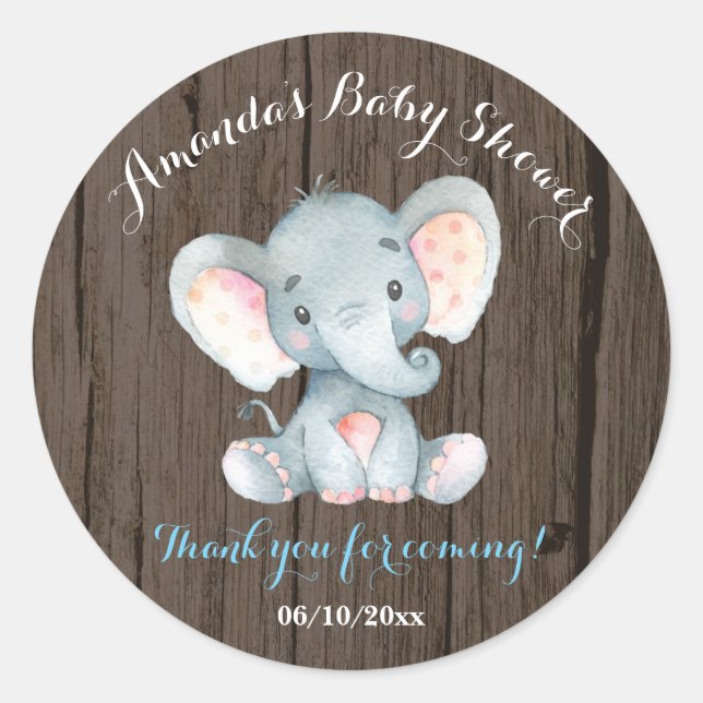 Rustic Elephant Baby Shower Blue Thank You Favor Classic Round Sticker (Front)