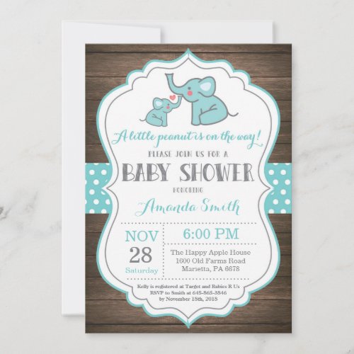 Rustic Elephant Baby Shower Invitation Aqua