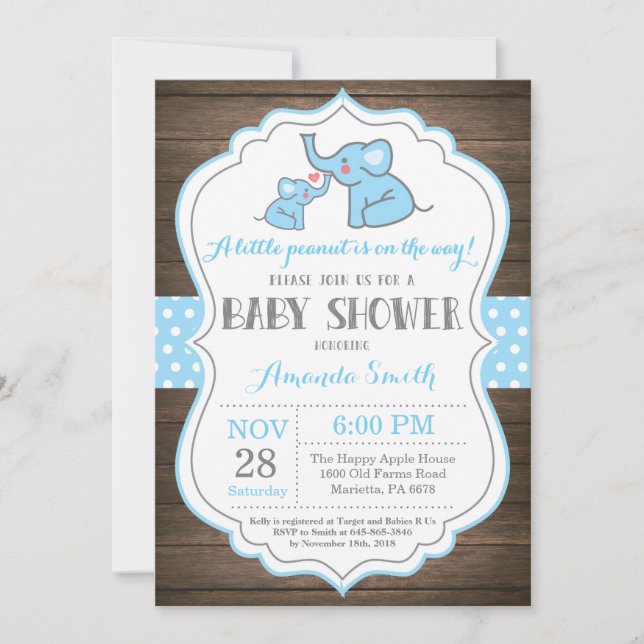 Rustic Elephant Baby Shower Invitation Blue (Front)