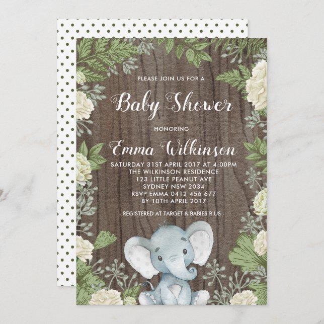 Rustic Elephant Baby Shower Invitation Botanical (Front/Back)