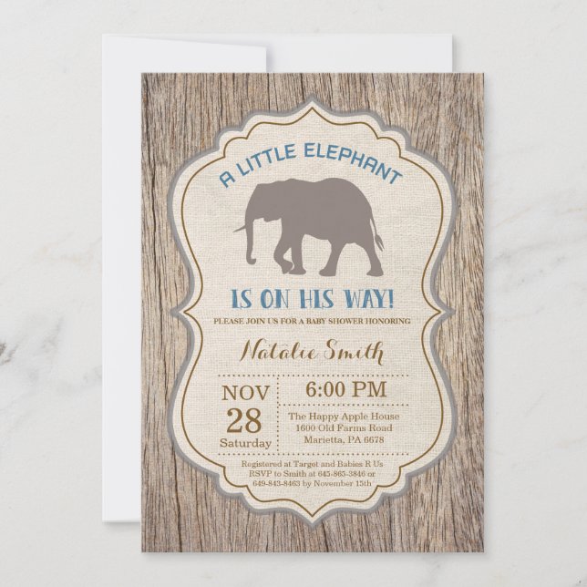 Rustic Elephant Baby Shower Invitation Boy (Front)