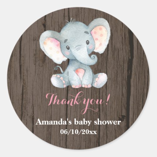 Rustic Elephant Baby Shower Pink Thank You Favor Classic Round Sticker