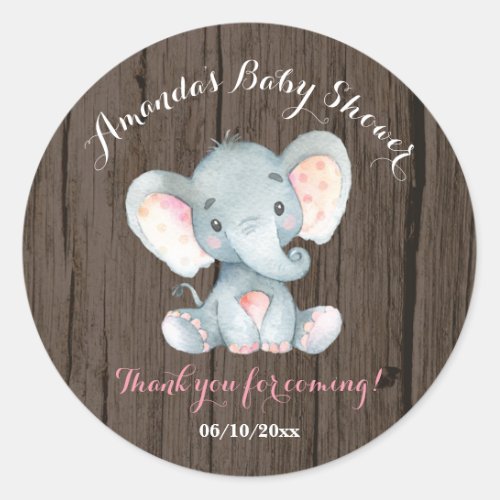 Rustic Elephant Baby Shower Pink Thank You Favor Classic Round Sticker